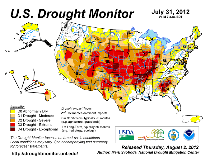 The U.S. Drought Monitor drought map valid July 31, 2012