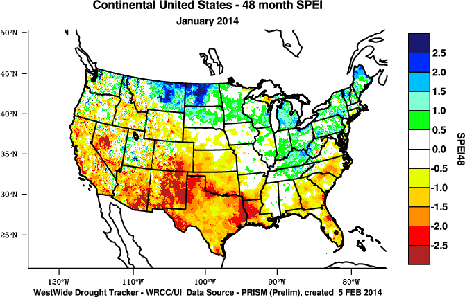 NOAA/WRCC 48-month Standardized Precipitation Evapotranspiration Index (SPEI) from Oregon State University PRISM Data (preliminary)