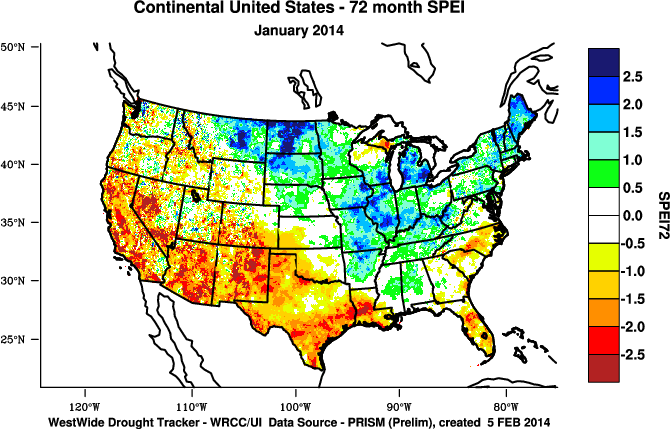 NOAA/WRCC 72-month Standardized Precipitation Evapotranspiration Index (SPEI) from Oregon State University PRISM Data (preliminary)