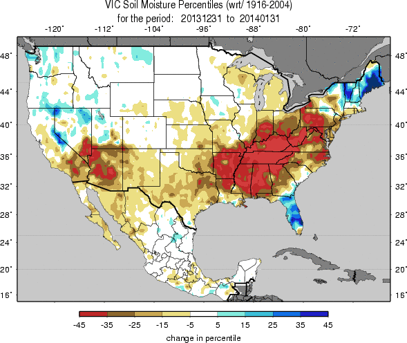 University of Washington VIC (Variable Infiltration Capacity macroscale hydrologic model) Soil Moisture Percentile 1-month Change