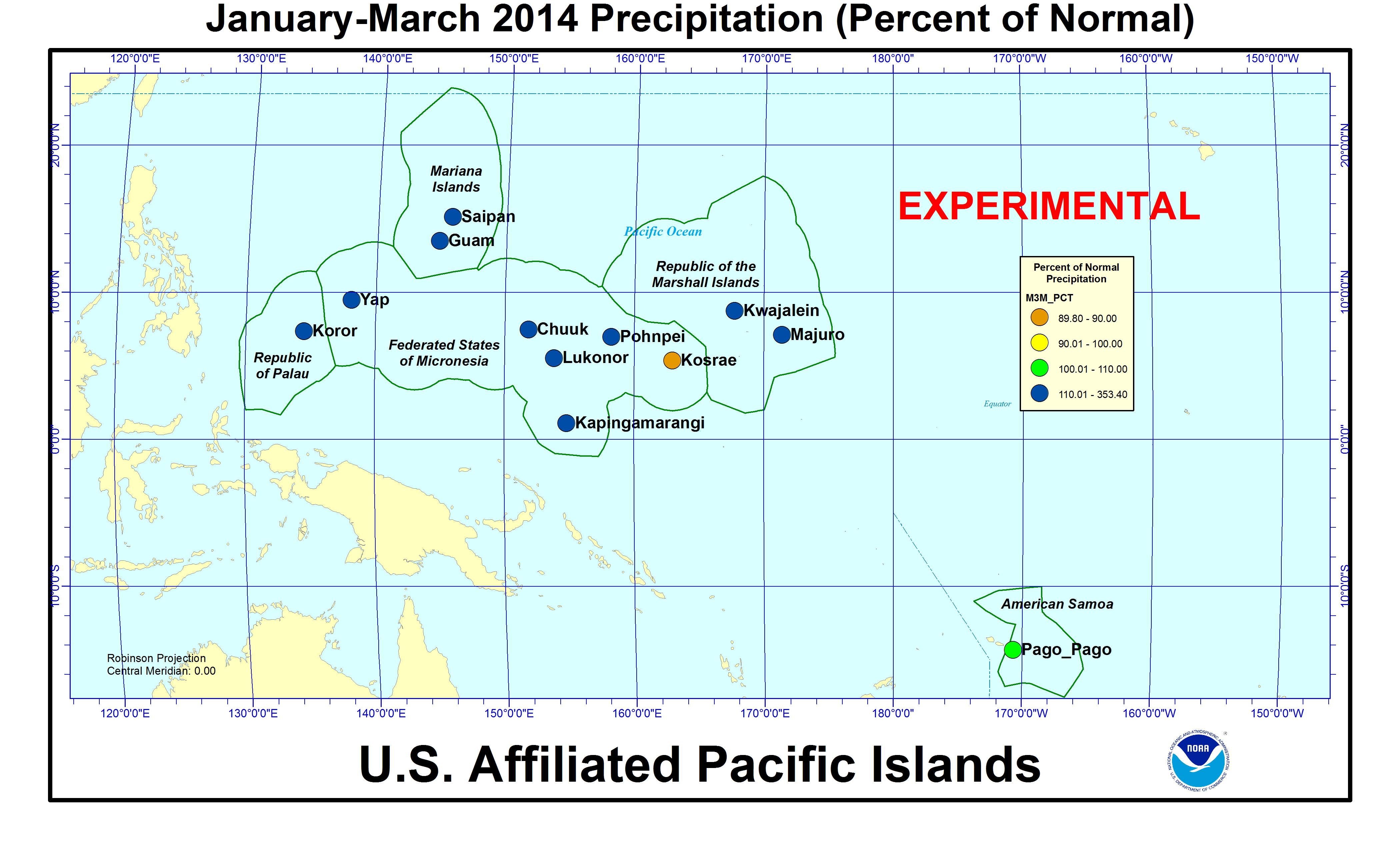 Percent of normal precipitation for last 3 months for U.S. Affiliated Pacific Island stations