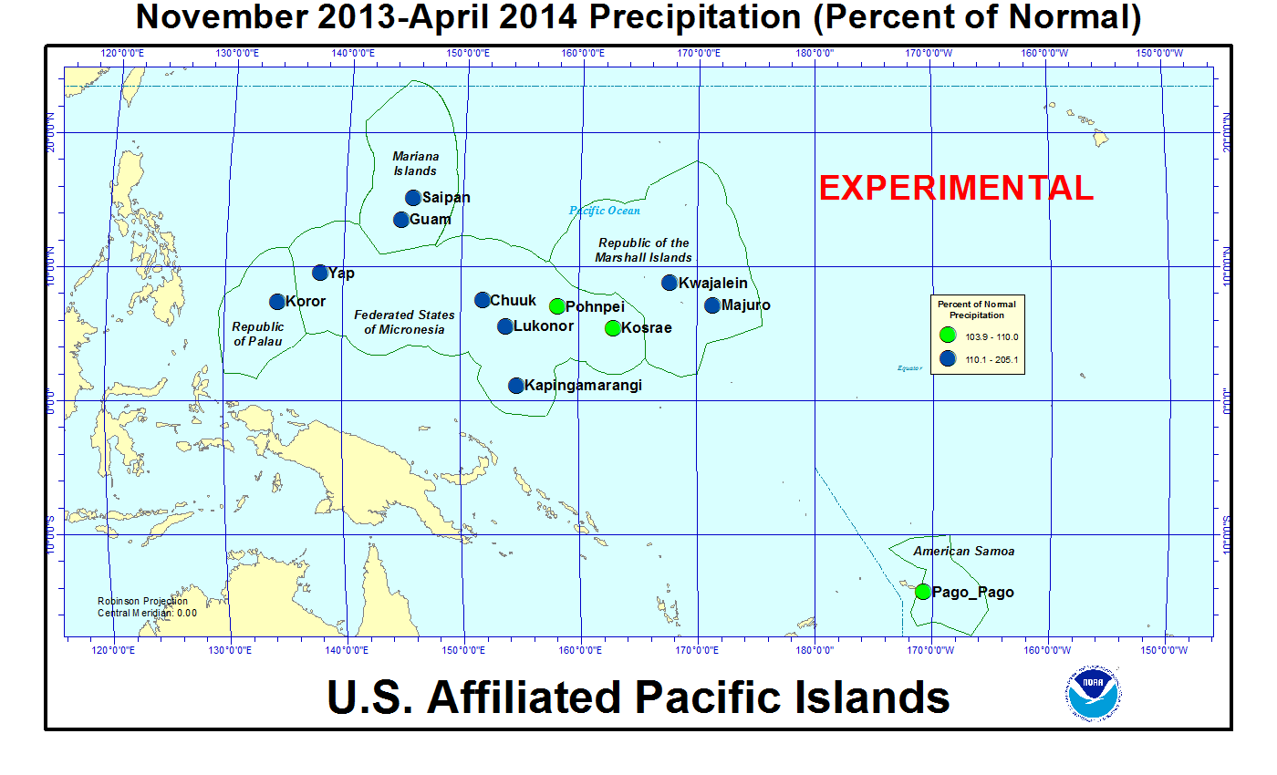 Percent of normal precipitation for last 6 months for U.S. Affiliated Pacific Island stations