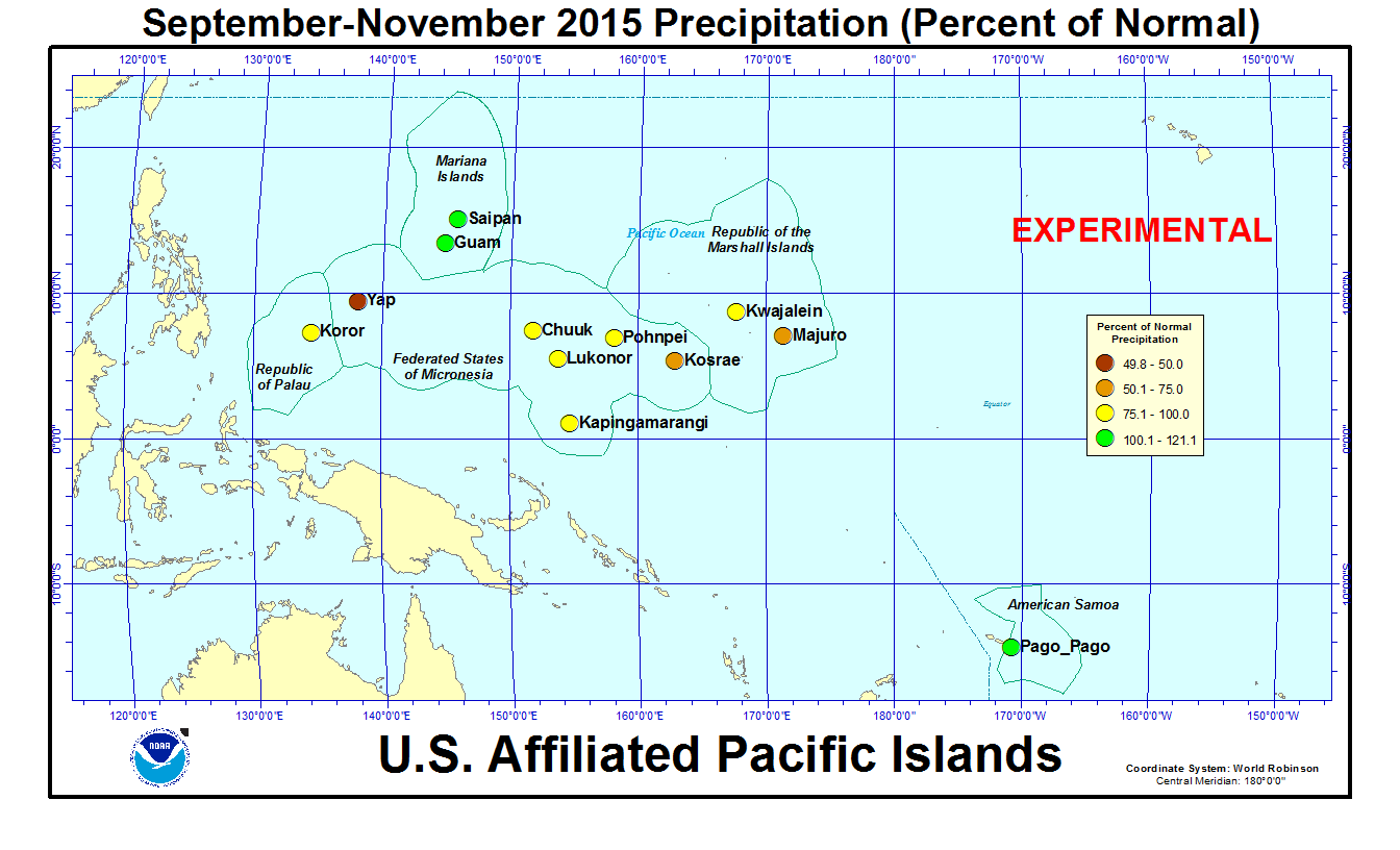 Percent of normal precipitation for last 3 months for U.S. Affiliated Pacific Island stations