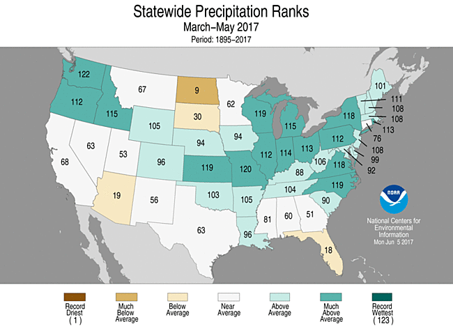 Map showing March-May 2017 state precipitation ranks