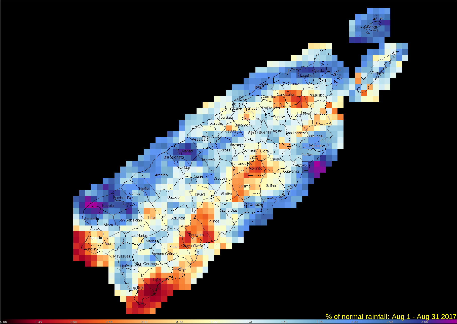 Puerto Rico percent of normal precipitation, August 2017 (provided by the NOAA/NWS Southeast River Forecast Center)