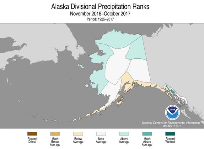 Alaska divisional precipitation rank map, November 2016-October 2017