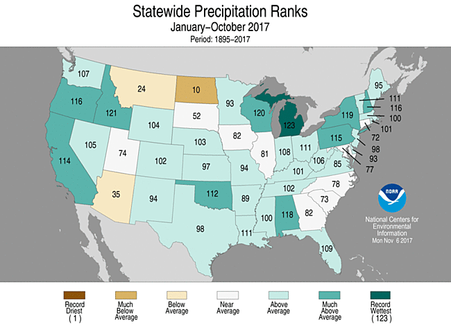 Map showing January-October 2017 state precipitation ranks