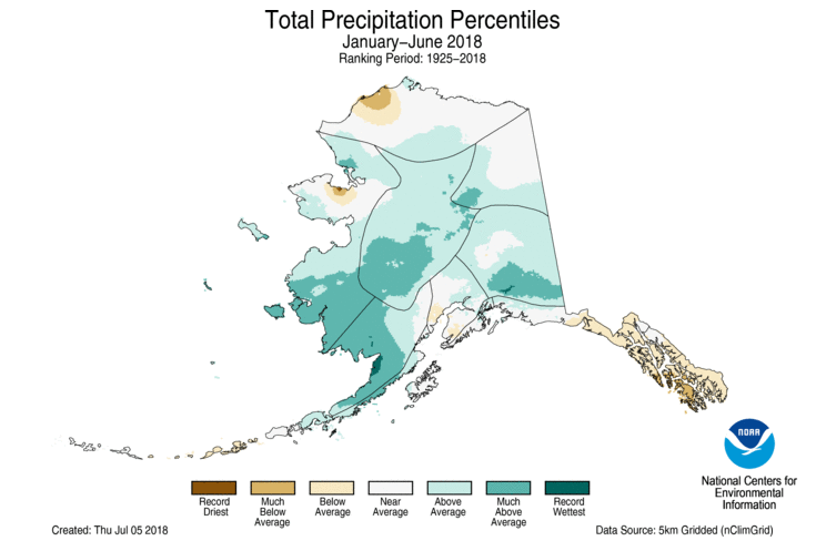 Alaska gridded precipitation rank map, January-June 2018