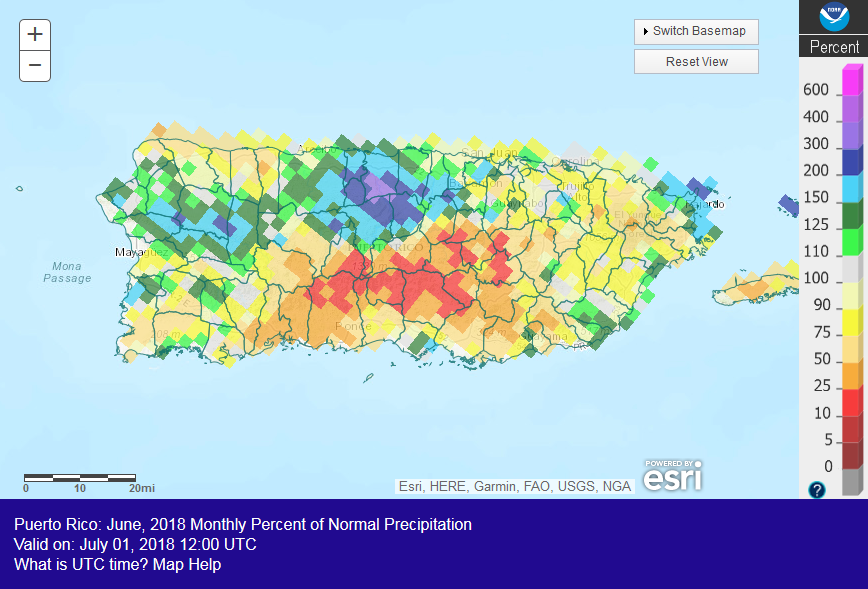 Puerto Rico percent of normal precipitation map, June 2018