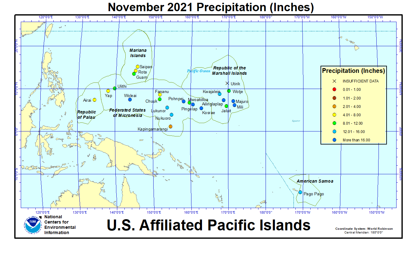 Map of U.S. Affiliated Pacific Islands November 2021 Precipitation (Inches)