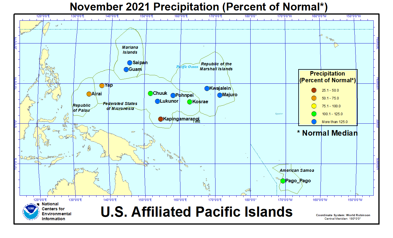 Map of U.S. Affiliated Pacific Islands November 2021 Percent of Normal Precipitation