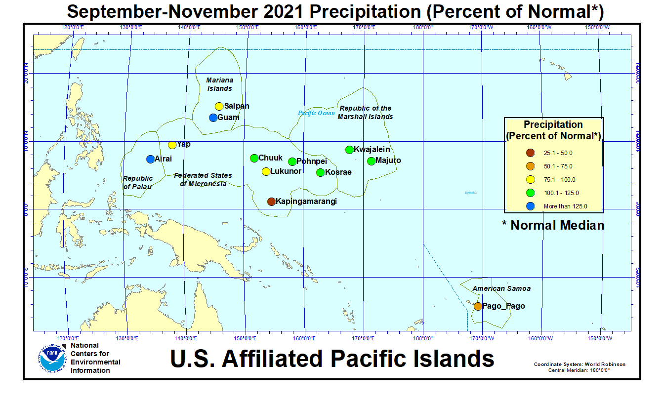 Map of U.S. Affiliated Pacific Islands September 2021-November 2021 Percent of Normal Precipitation