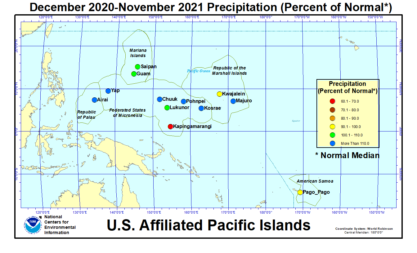 Map of U.S. Affiliated Pacific Islands December 2020-November 2021 Percent of Normal Precipitation