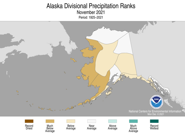 Alaska Climate Division Precipitation Ranks, November 2021