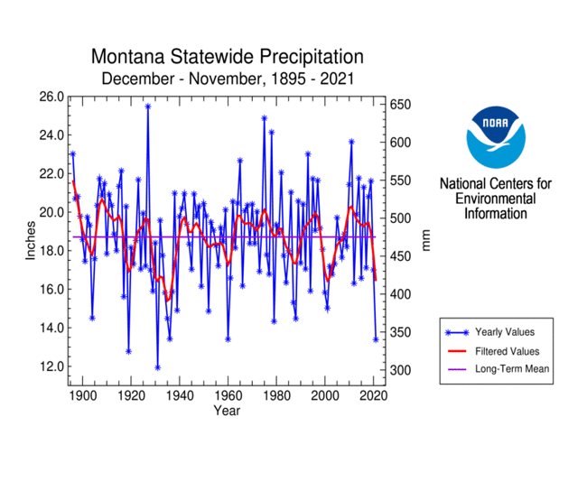 Montana statewide precipitation, December-November, 1895-2021