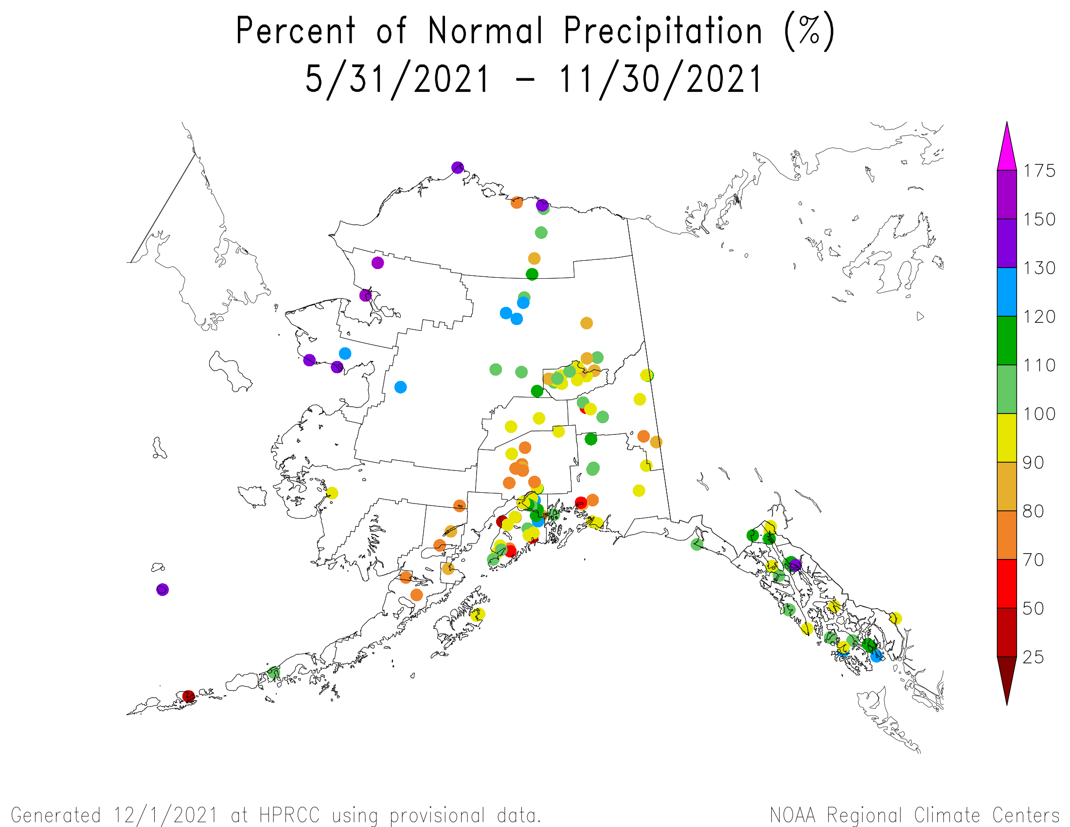 Alaska Percent of Normal Precipitation, June-November 2021