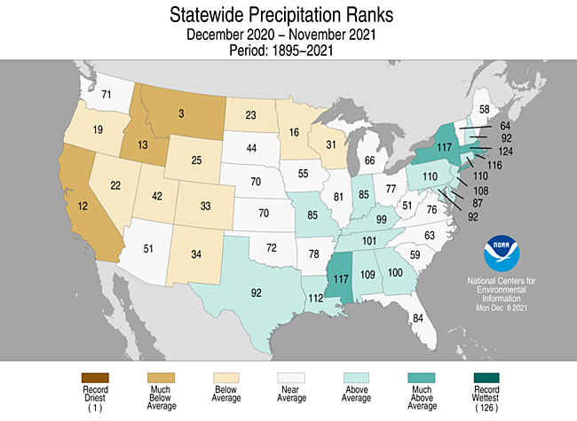 Map showing December 2020-November 2021 state precipitation ranks