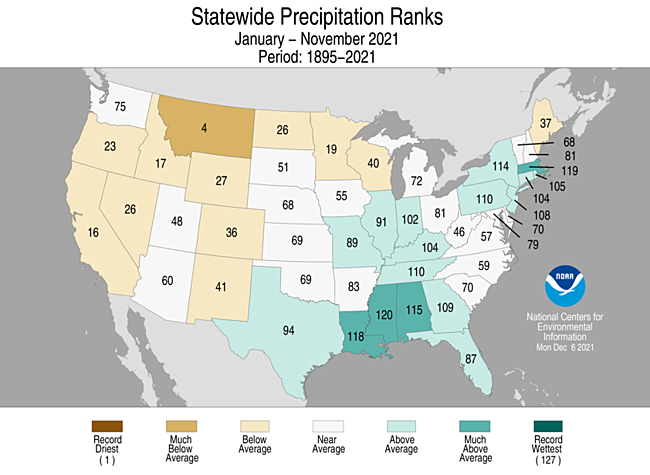 Map showing January-November 2021 state precipitation ranks