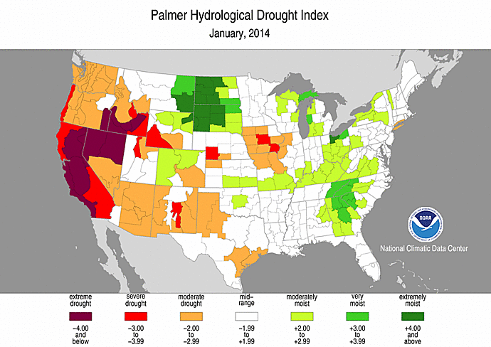 January 2014 Palmer Hydrological Drought Index