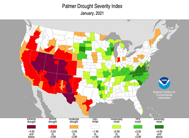 January 2021 Palmer Drought Severity Index