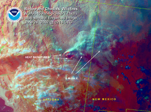 Satellite image of a wildfire in Arizona