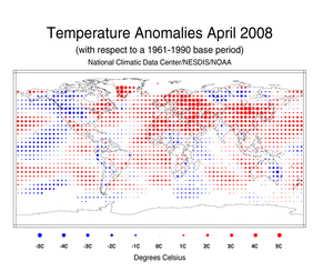 April's Blended Land and Sea Surface Temperature Anomalies in degrees Celsius