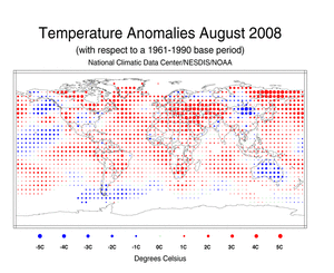 August's Blended Land and Sea Surface Temperature Anomalies in degrees Celsius
