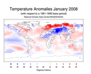 January's Blended Land and Sea Surface Temperature Anomalies in degrees Celsius