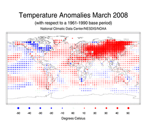 March's Blended Land and Sea Surface Temperature Anomalies in degrees Celsius