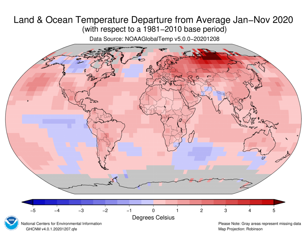 January–November 2020 Blended Land and Sea Surface Temperature Anomalies in degrees Celsius