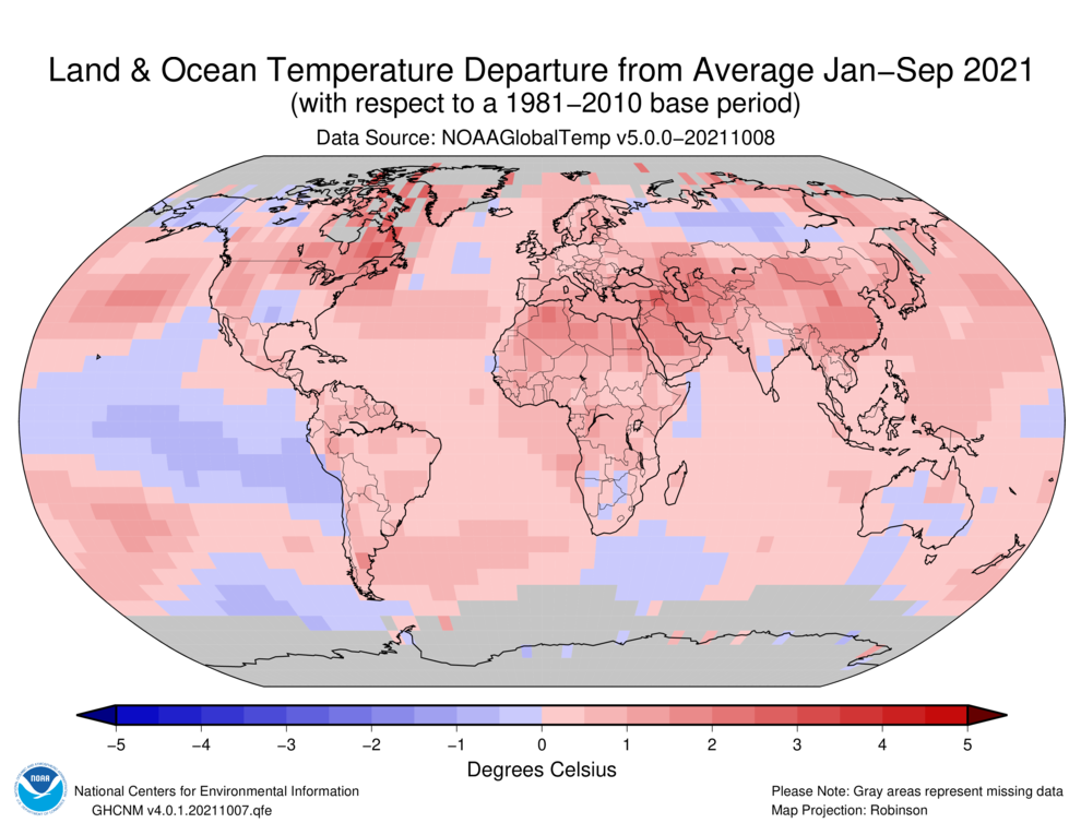 Ocak-Eylül 2021 Karma Kara ve Deniz Yüzey Sıcaklığı Anomalileri Santigrat derece cinsinden