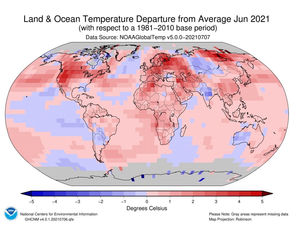 June 2021 Blended Land and Sea Surface Temperature Anomalies in degrees Celsius