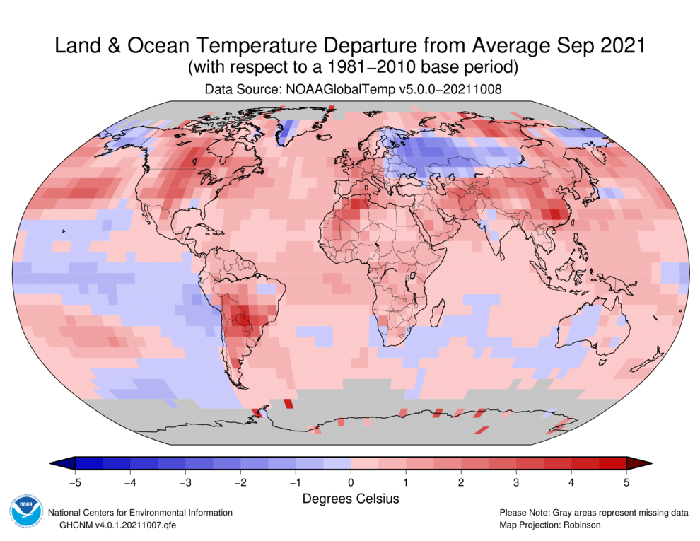 September 2021 Blended Land and Sea Surface Temperature Anomalies in degrees Celsius