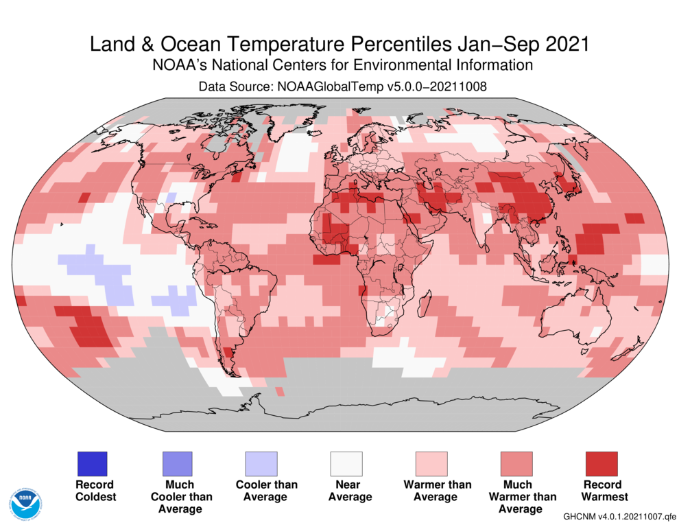 January-September 2021 Blended Land and Sea Surface Temperature Percentiles