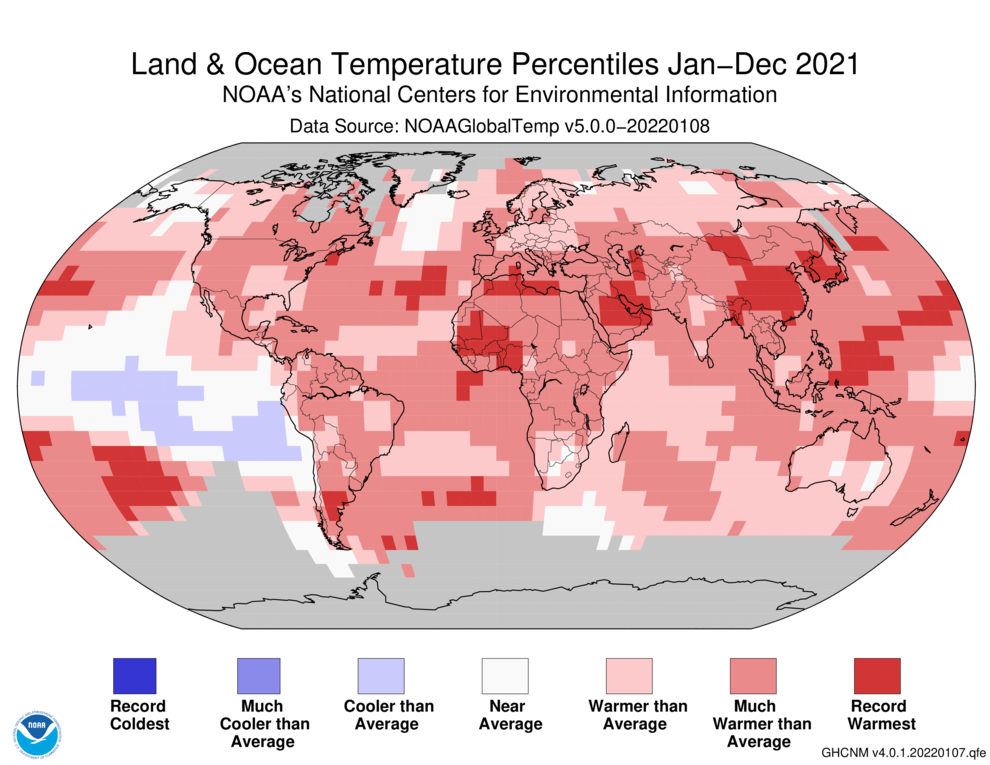 January-December 2021 Blended Land and Sea Surface Temperature Percentiles