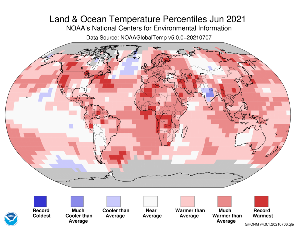June 2021 Blended Land and Sea Surface Temperature Percentiles