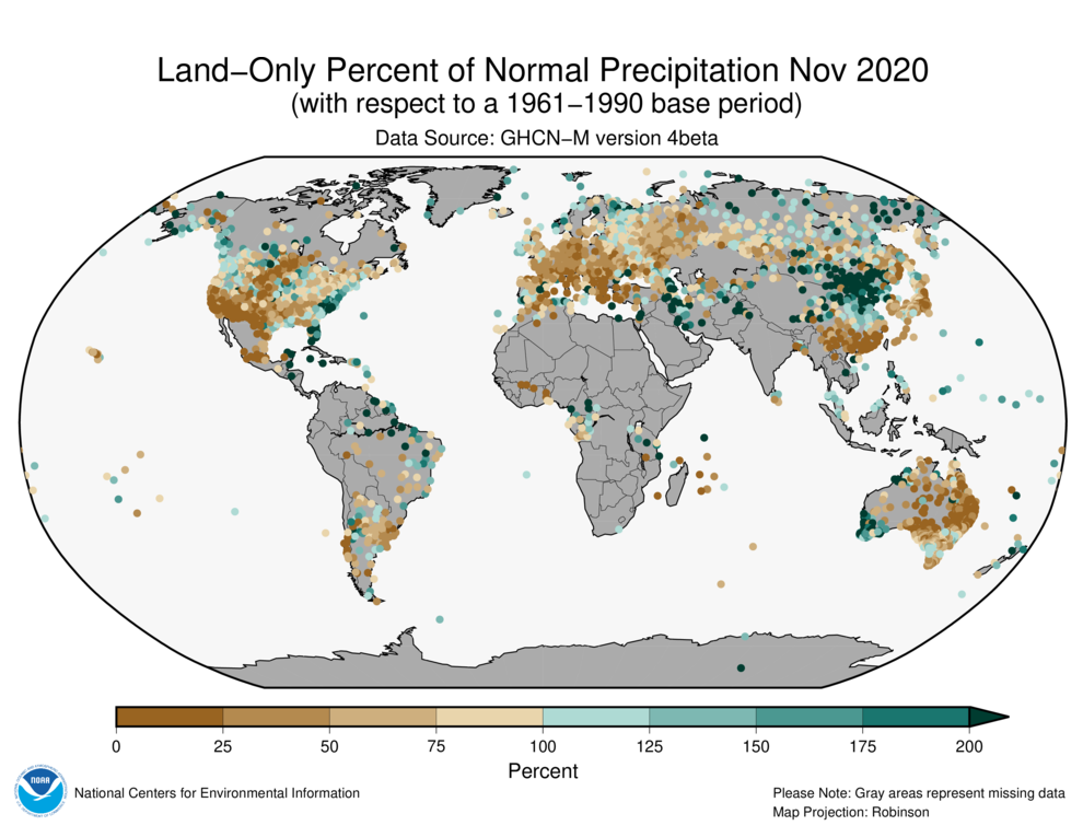 November 2020 Land-Only Precipitation Percent of Normal