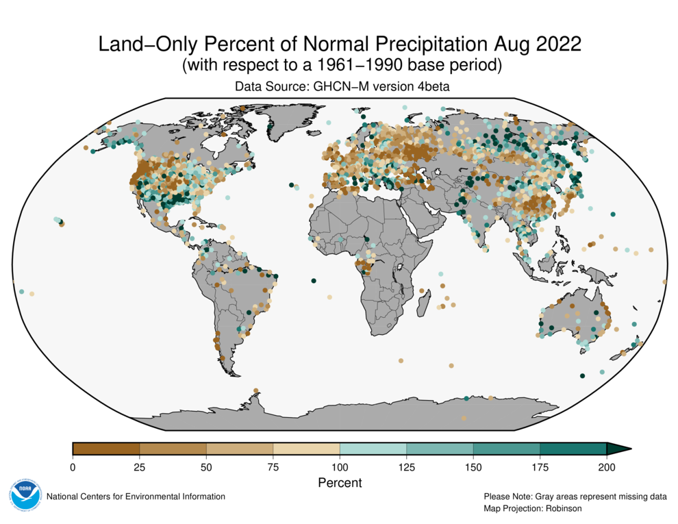 August 2022 Land-Only Precipitation Percent of Normal