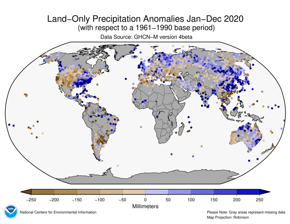 January-December 2020 Land-Only Precipitation Anomalies