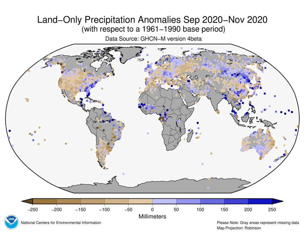 September-November 2020 Land-Only Precipitation Anomalies