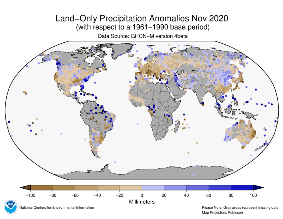 November 2020 Land-Only Precipitation Anomalies