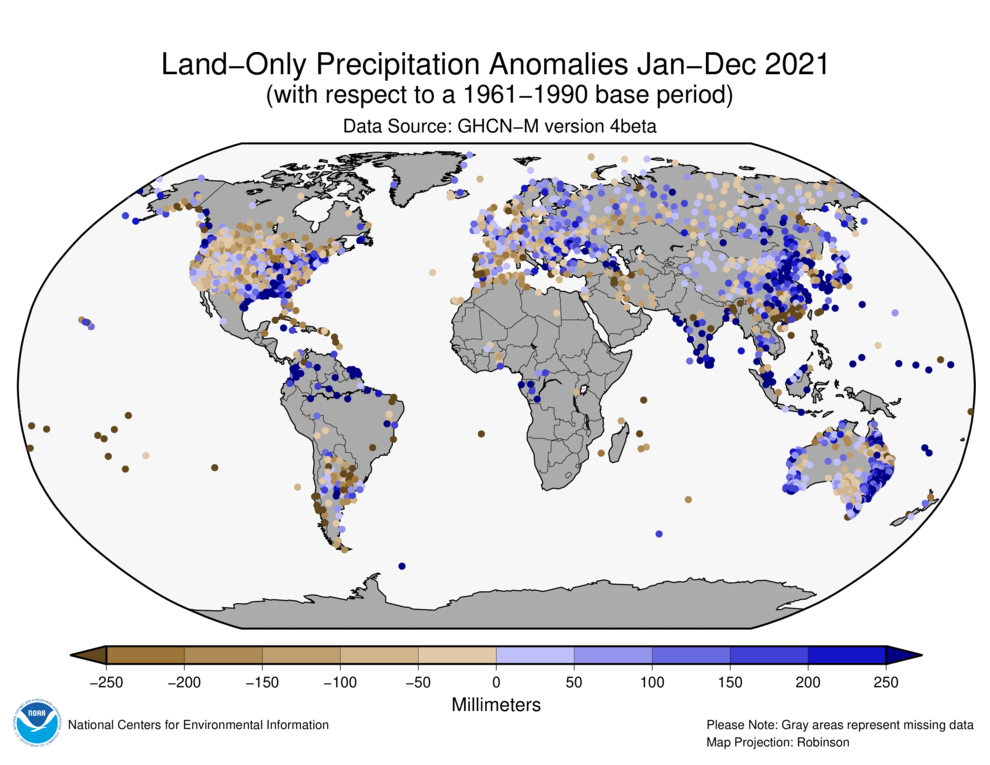 January-December 2021 Land-Only Precipitation Anomalies