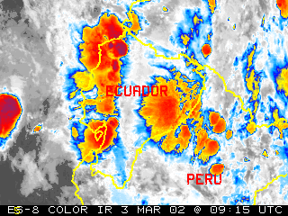 GOES-8 colorized infrared satellite animation of thunderstorms over western Ecuador