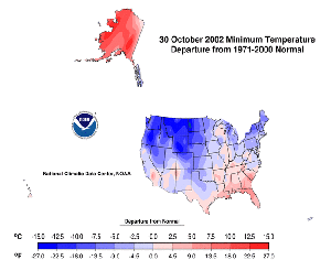 average minimum temperature departures from normal across the U.S. on October 30, 2002