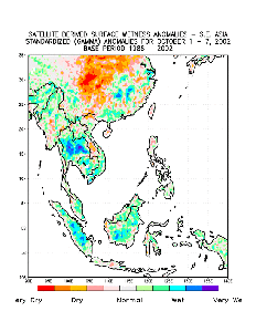 a map of satellite derived wetness anomalies across Southeast Asia during October 1-7, 2002
