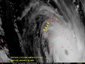 Click here a satellite image of Tropical Cyclone Ami after passing the islands of Fiji during January 13-14, 2002