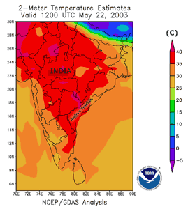 Temperature estimates across India at 1200 UTC on May 22, 2003