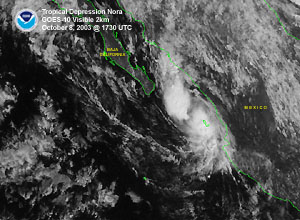 a visible satellite image of Tropical Depression Nora on October 8, 2003