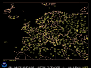 Temperatures across Europe at 1800 UTC, June 29, 2004