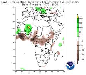 Precipitation anomalies across Africa during July 2005